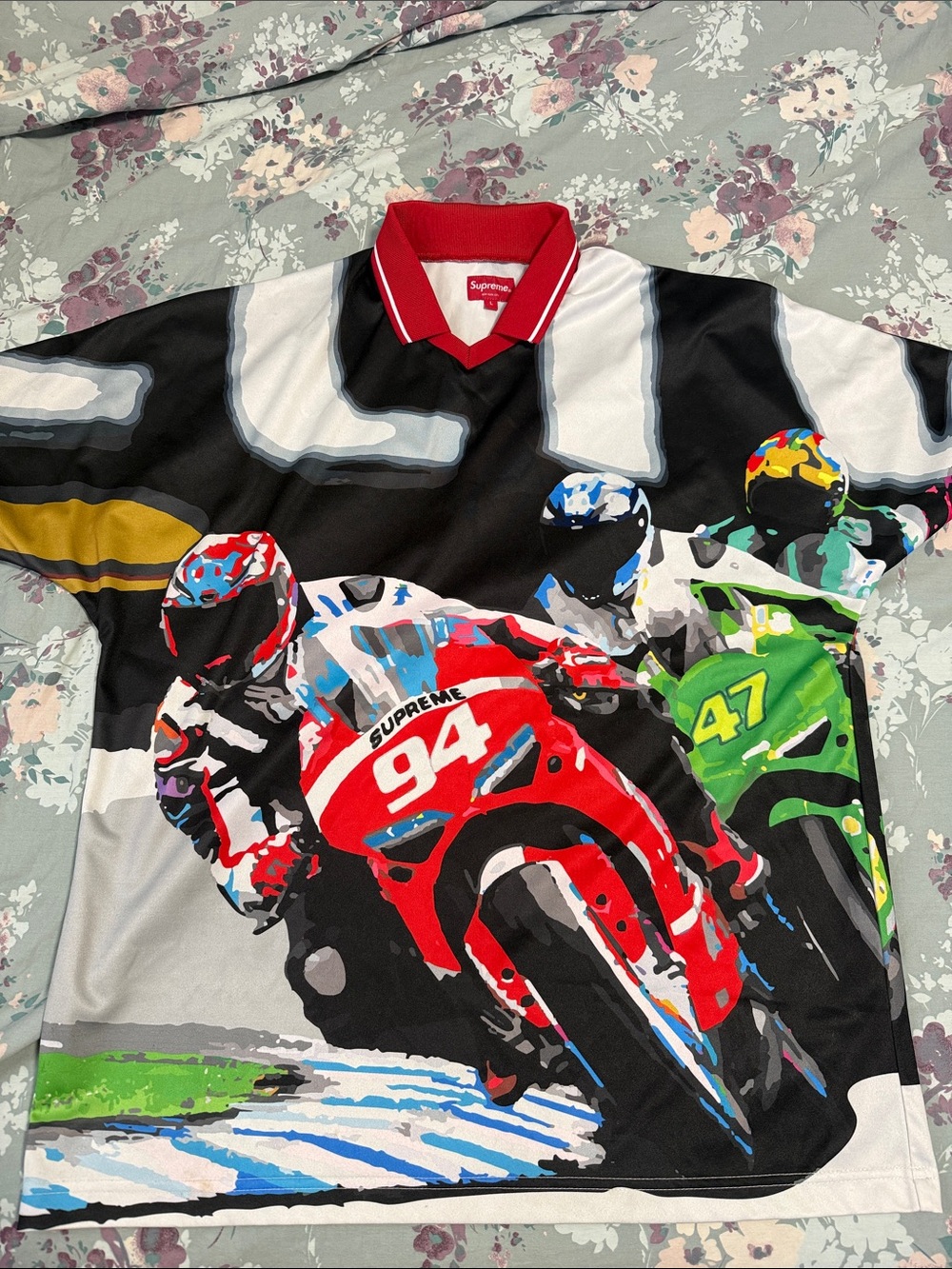 Supreme Multi-Color Racing Graphic Jersey with Red Collar